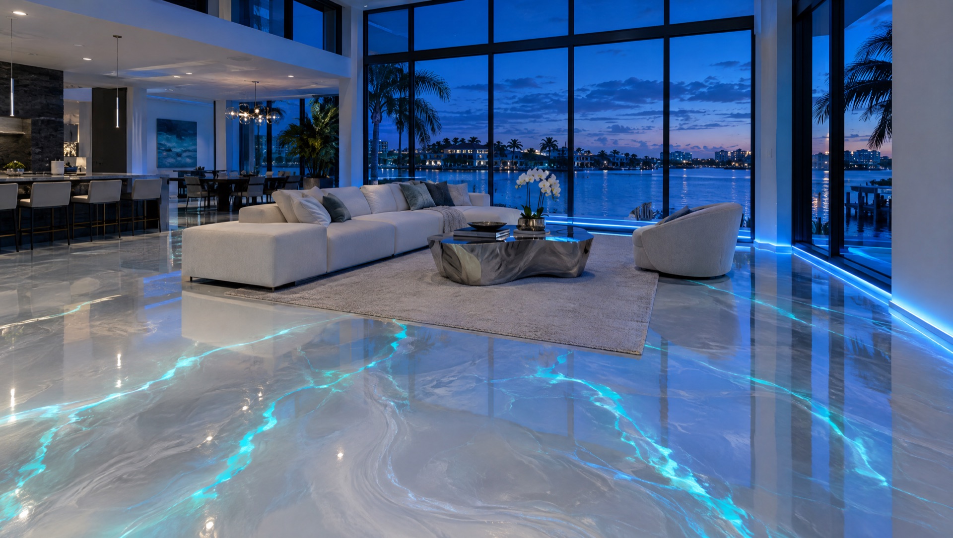 Design example: pearl metallic floor with UV-reactive aqua veins