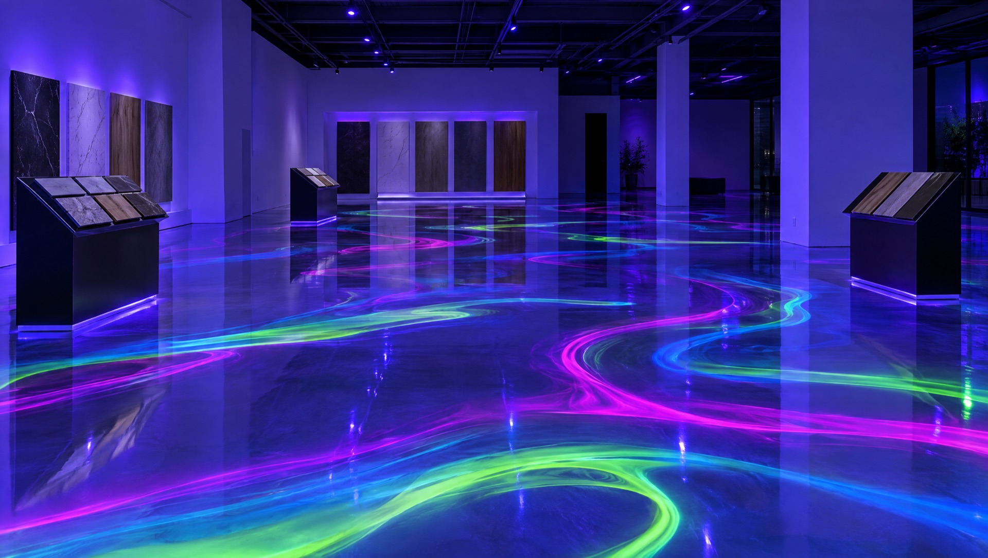 A flooring showroom with a high-gloss epoxy floor glowing with neon ribbons of magenta, cyan and green under black light