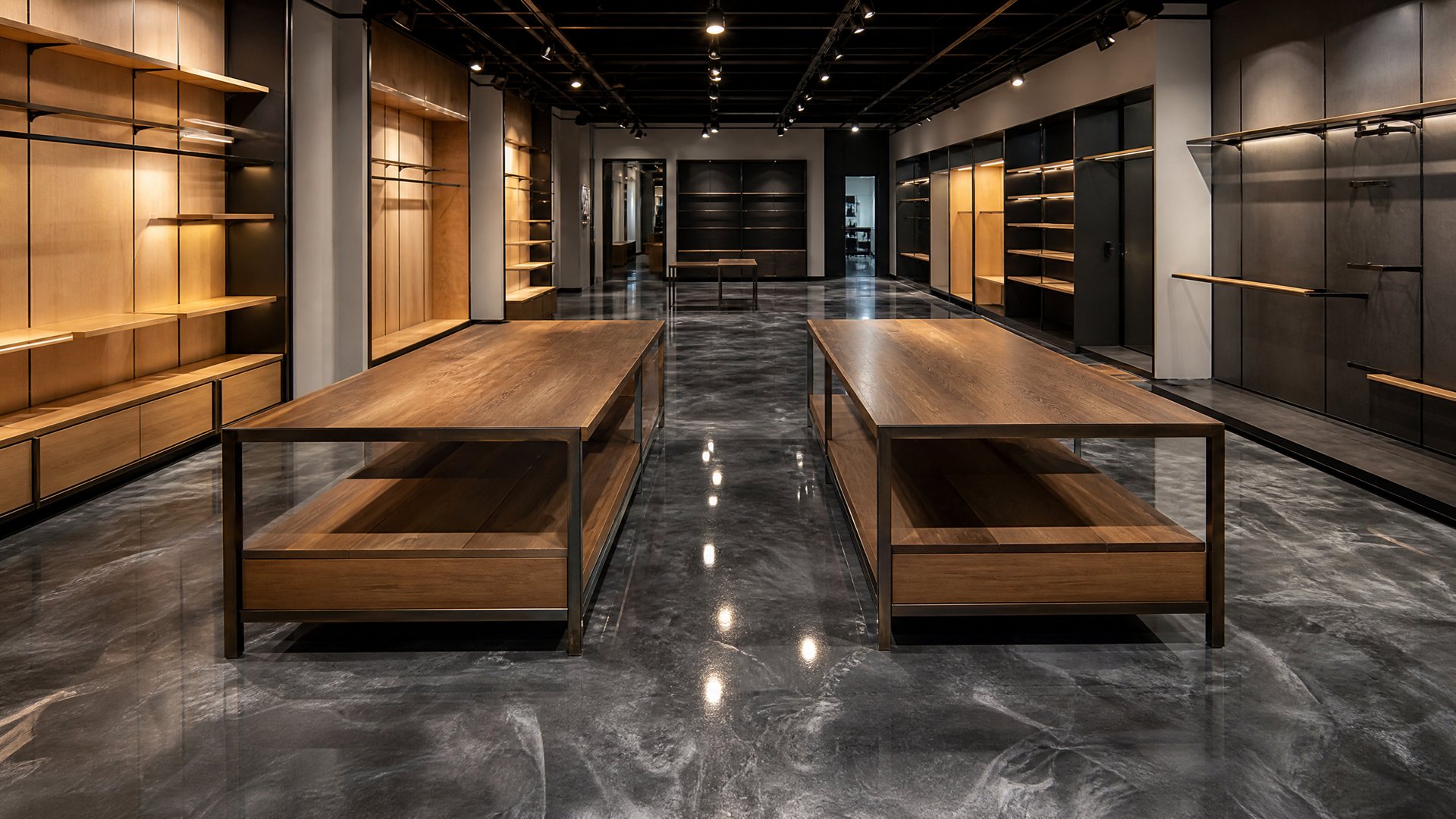 A retail showroom with a grey metallic epoxy floor and wood display tables